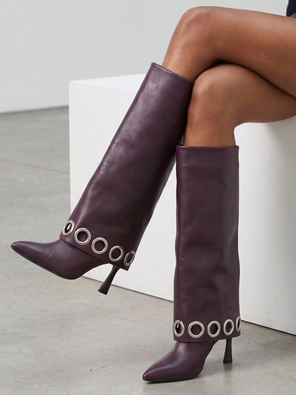 Burgundy Elegant Women's Side Zipper Pointed Toe Stiletto Heel Foldover Boots